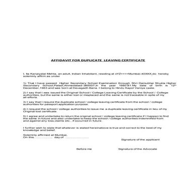 AFFIDAVIT FORMAT FOR DUPLICATE SCHOOL LEAVING CERTIFICATE