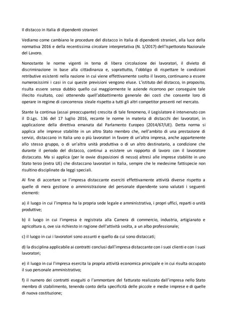 Il distacco in italia di dipendenti stranieri