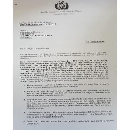 Preguntas para la interpelación por el desfalco al Banco Unión