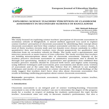EXPLORING SCIENCE TEACHERS’ PERCEPTION OF CLASSROOM ASSESSMENT IN ...