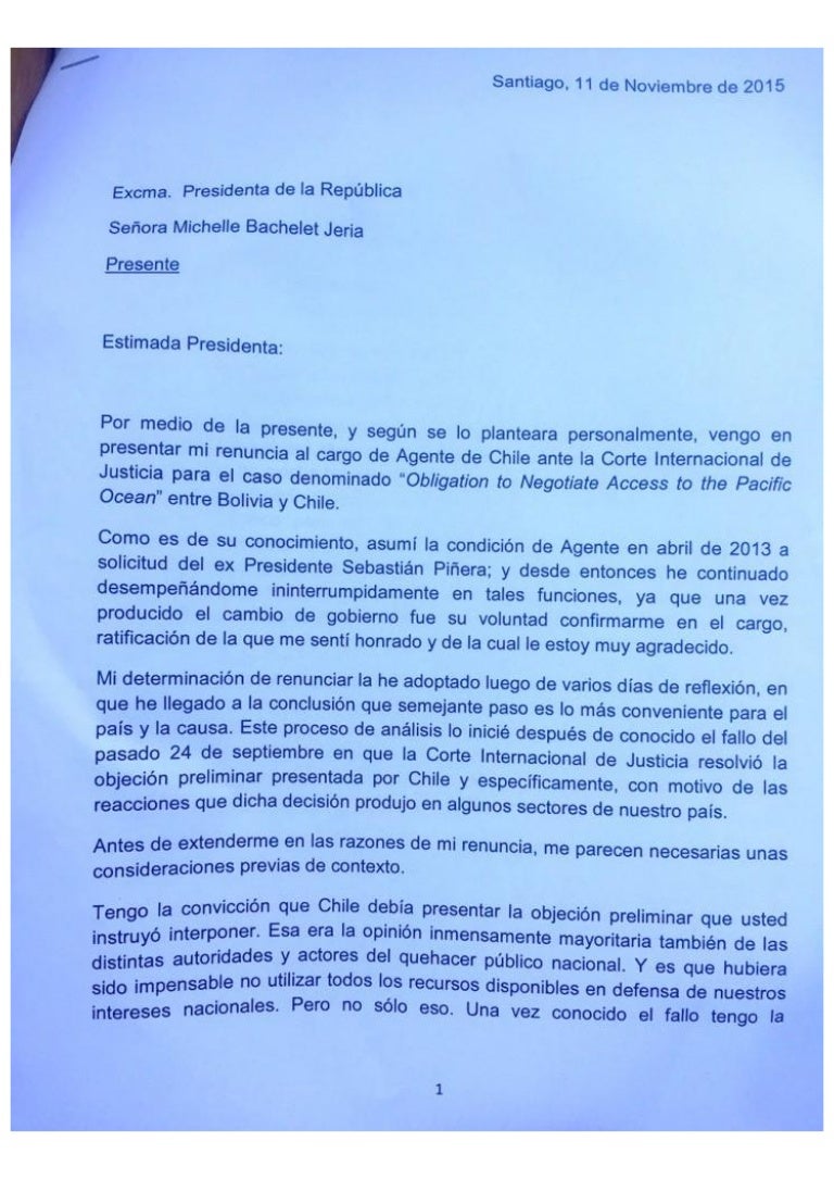 Carta de renuncia de Felipe Bulnes como agente de Chile
