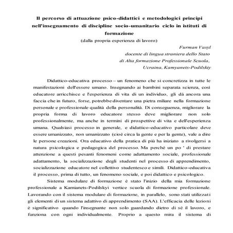 Il percorso di attuazione psico-didattici e metodologici principi nell'insegn...