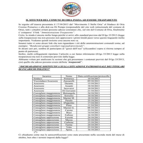 Il sito del comune di oria inizia ad essere trasparente 