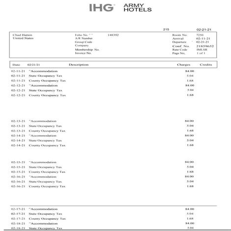Detailed Invoice and Billing Summary for Army Hotels Stay | DOCX