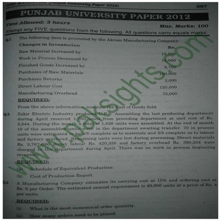 Cost Accounting B.Com Part 2 Solved Past Papers 2012