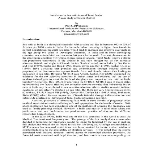 Imbalance in Sex ratio and sex selective abortion in Tamil Nadu