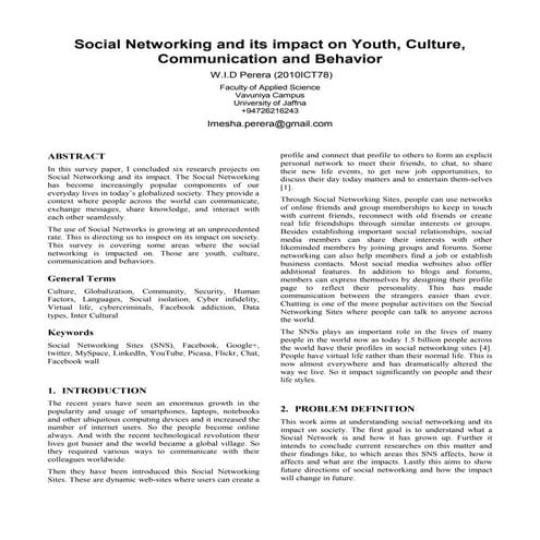 Survey paper: Social Networking and its impact on Youth, Culture, Communicati...