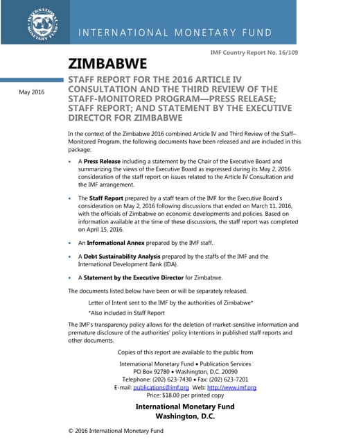 IMF Staff Report 2016 - Zimbabwe Dollar - Article 4