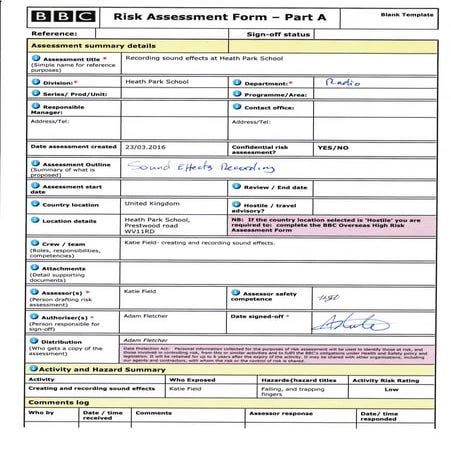 Risk Assessment form A