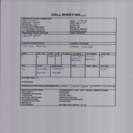 Call sheets for music video 