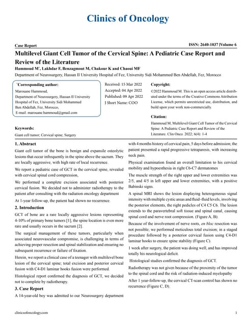 Multilevel Giant Cell Tumor of the Cervical Spine: A Pediatric Case Multilevel Giant Cell Tumor of the Cervical Spine: A Pediatric Case