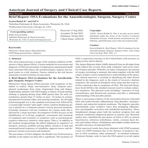 Brief Report: OSA Evaluations for the Anaesthesiologist, Surgeon, Surgery Centre