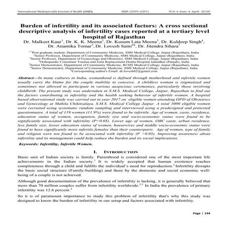 Burden of infertility and its associated factors: A cross sectional descriptive analysis of infertility cases reported at a tertiary level hospital of Rajasthan