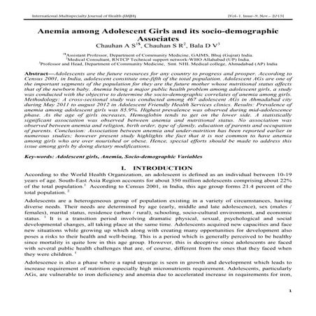 Anemia among Adolescent Girls and its socio-demographic Associates 