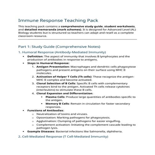 Immune Response AS Biology Pearson Edexcel | DOCX