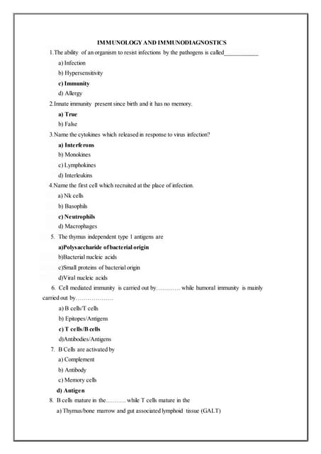 Immunology and immunodiagnostics mcq