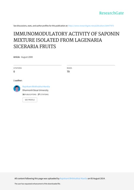 Immunomodulatory activity of saponin mixture isolated from lagenaria siceraria fruits