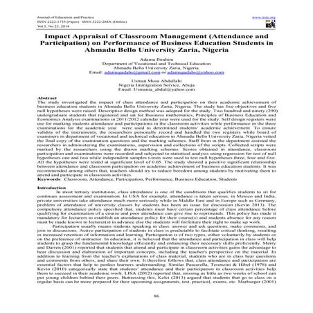 Impact appraisal of classroom management (attendance and participation) on pe...