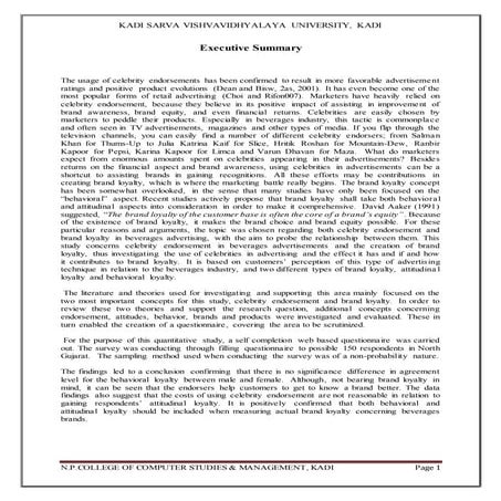 Impact of celebarty endoresement on brand loyalty in selected bevareges produ...