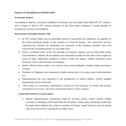 Impact of colonialism on british india and east pakistan | PDF