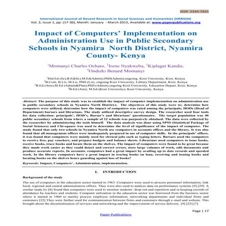 Impact of Computers’ Implementation on Administration Use in Public Secondary...