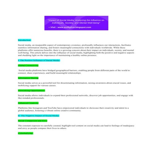 Impact of Social Media Analyzing the Influence on Individuals, Society, and M...