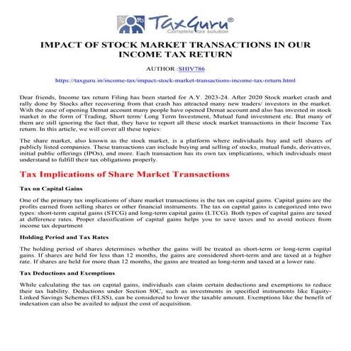 Impact of Stock Market Transactions in Our Income Tax Return
