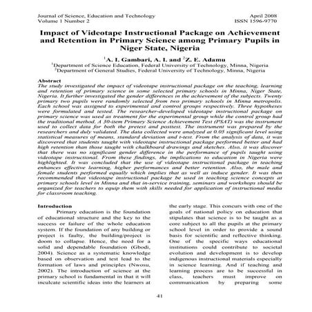 Impact of videotape instructional package on achievement and retention in pri...