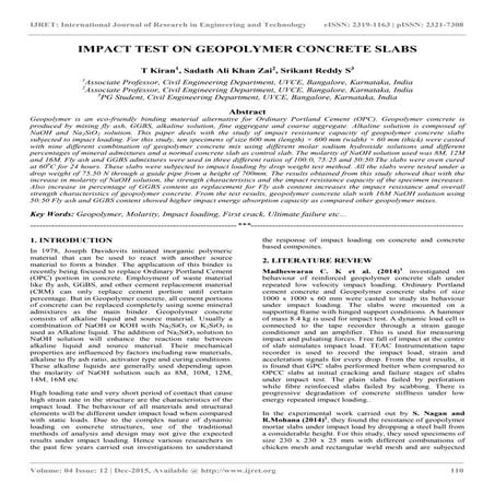 Impact test on geopolymer concrete slabs