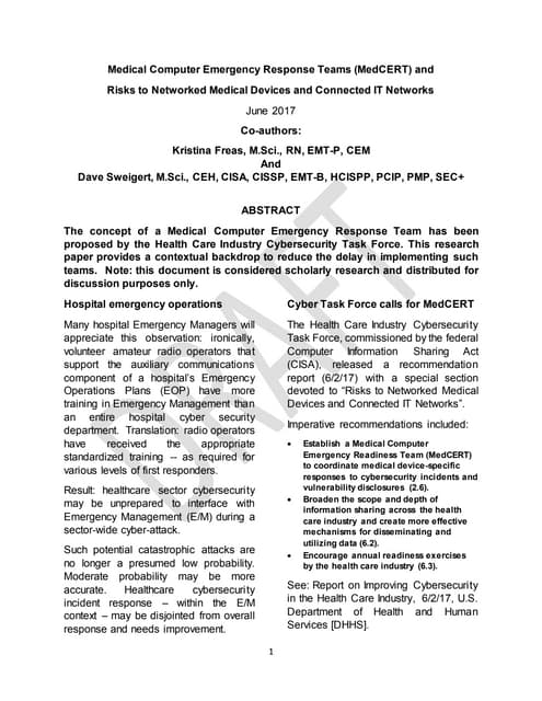 Nursing meets Hacking -- Medical Computer Emergency Response Teams -- MedCERT