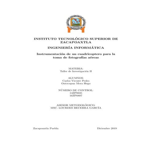 Instrumentación de un cuadricóptero para la toma de fotografías aéreas.