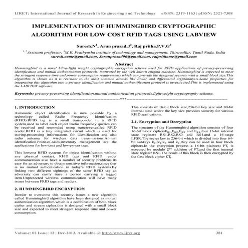 Implementation of hummingbird cryptographic algorithm for low cost rfid tags ...