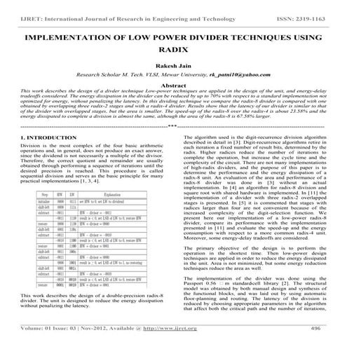Implementation of low power divider techniques using radix