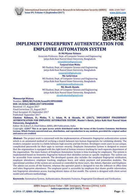 Implement fingerprint authentication for employee automation system