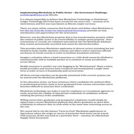 Implementing Blockchain in Public Sector – the Governance Challenge.
