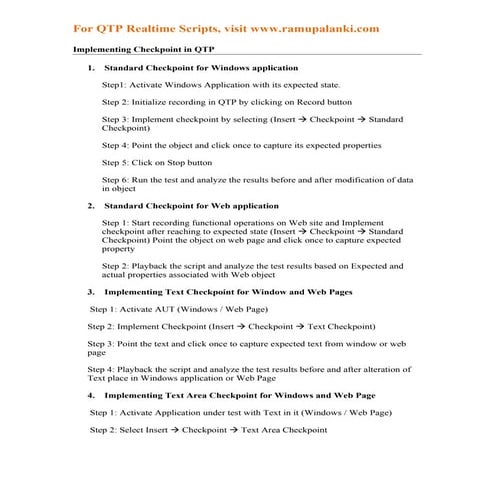 Implementing checkpoint in qtp