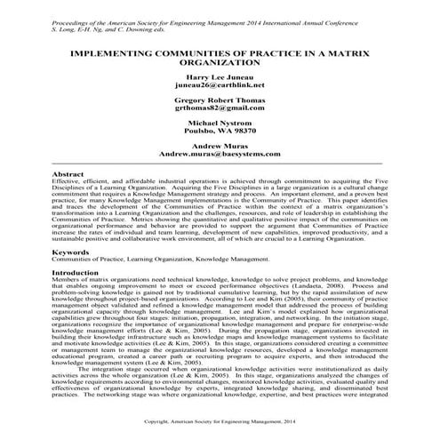 Implementing communities of practice in a matrix organization