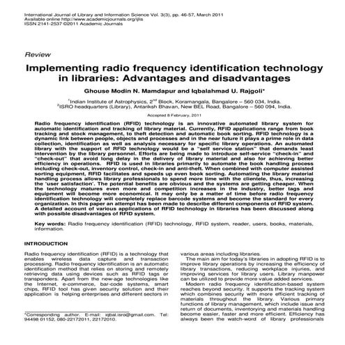 Implementing radio frequency identification technology in libraries advantage...