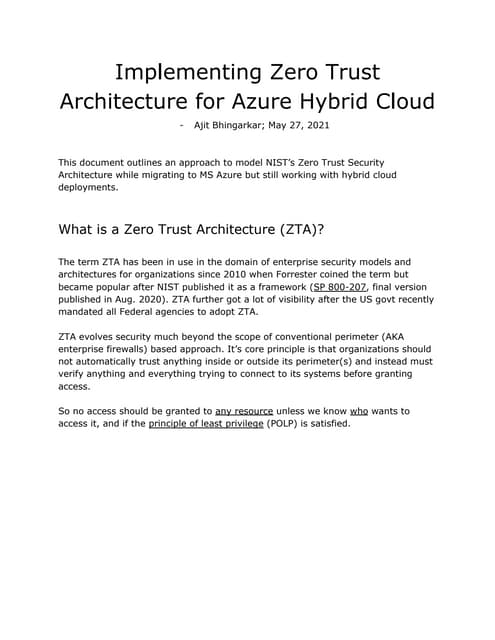 Implementing zero trust architecture in azure hybrid cloud