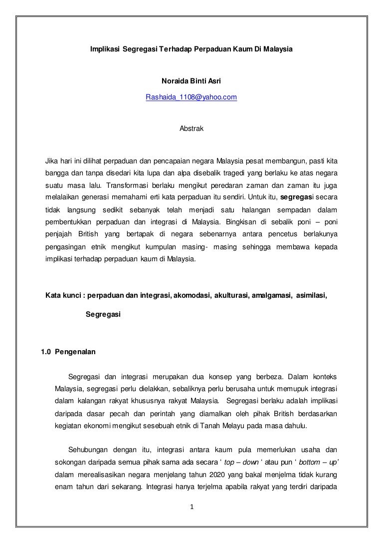 Implikasi segregasi terhadap perpaduan kaum di malaysia