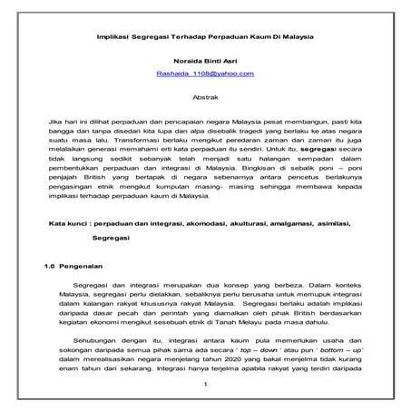 Implikasi segregasi terhadap perpaduan kaum di malaysia