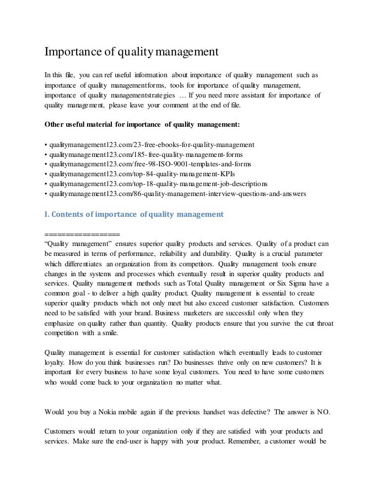 Importance of quality management