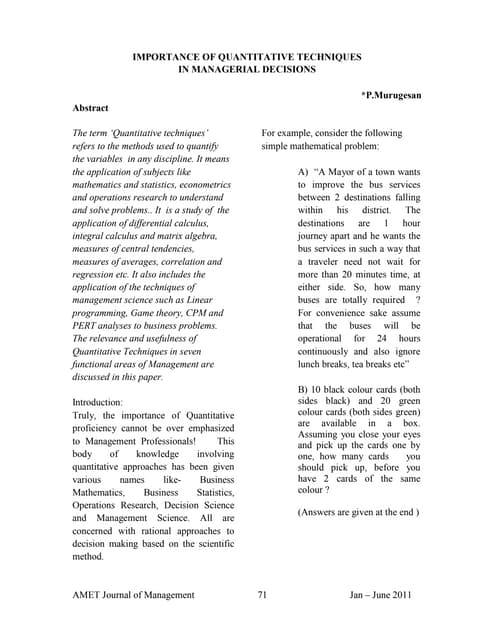 Importance of quantitative techniques in managerial decisions