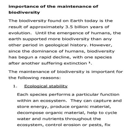 Importance of the maintenance of biodiversity