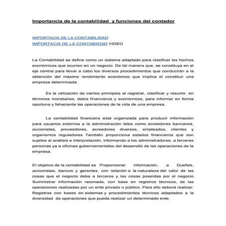 Importancia de la contabilidad  y funciones del contador tema 1