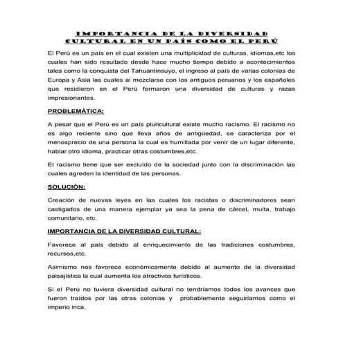 La importancia de la diversidad cultural en el perú | DOCX