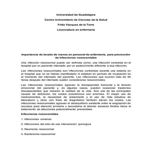 Importancia de lavado de manos en personal de enfemería.