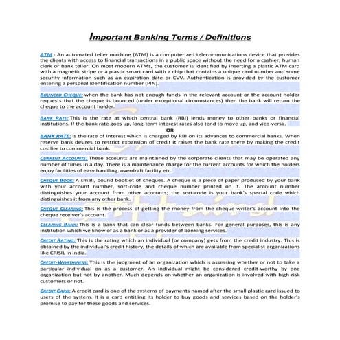 Important Banking Terms / Definitions