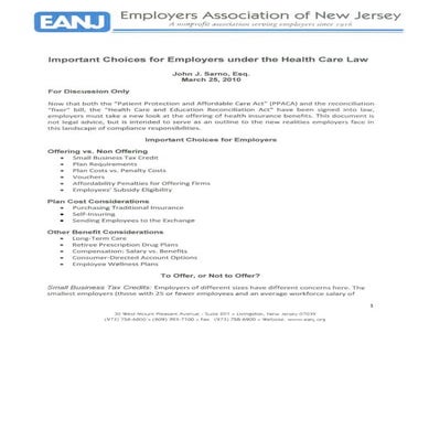 Important Choices for Employers under the Health Care Law, March 25, 2010