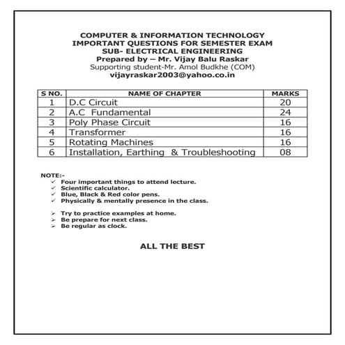 Electrical Technology Important Questions | PDF